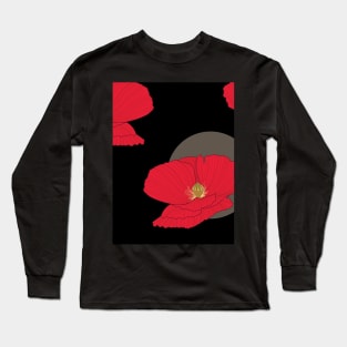 Red pop/Red and Black poppy/poppy lines/poppy flowers/wild flowers/large scale/cotton/white lines flowers/black background Long Sleeve T-Shirt